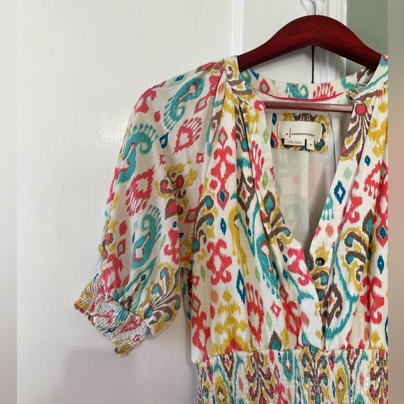 Anthropologie Maxi Dress Felipa Ikat Printed Multicolor Puff Sleeve! XS - Picture 7 of 10